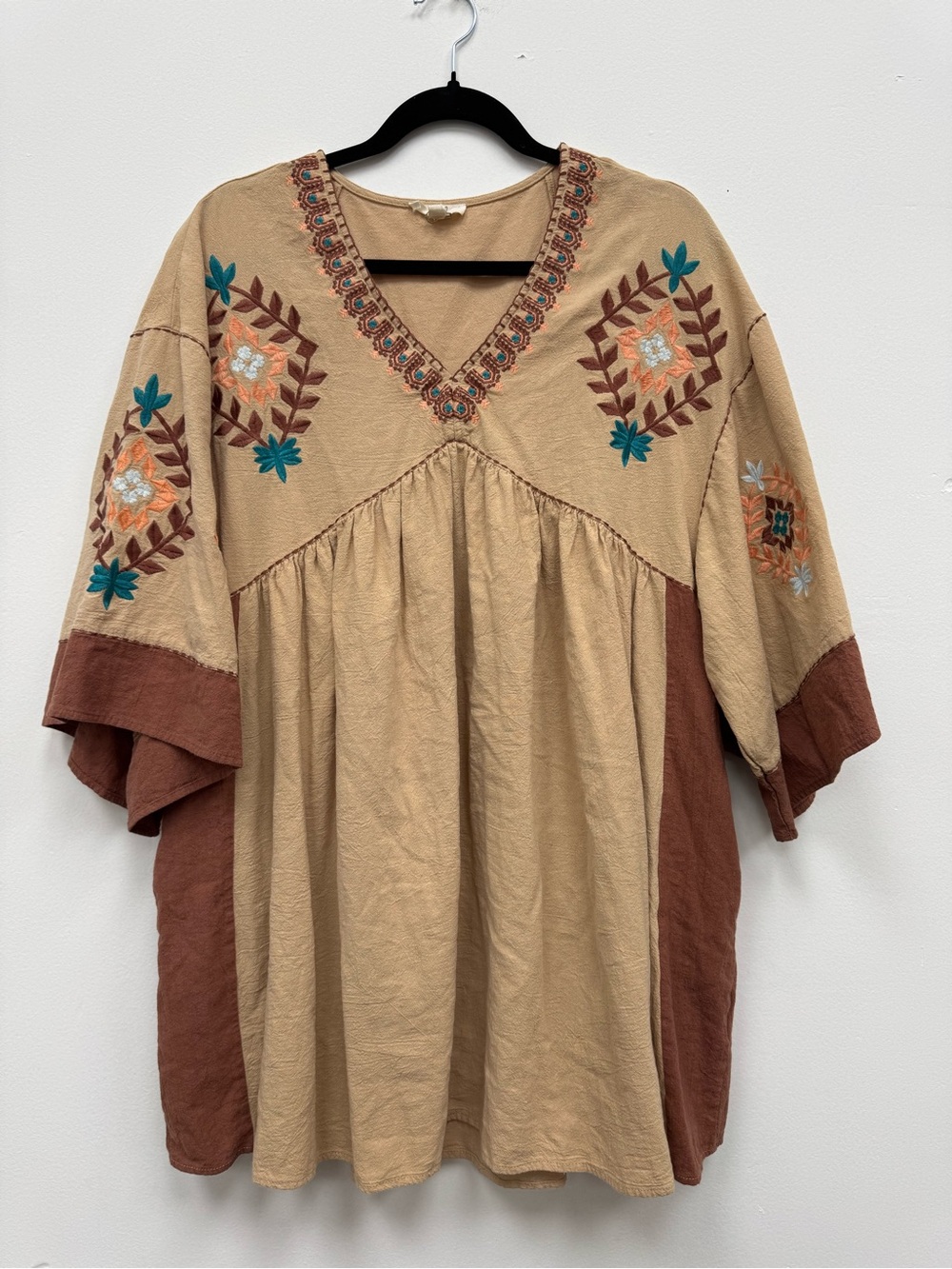 easel Tan Tunic with Rust & Teal Embroidery